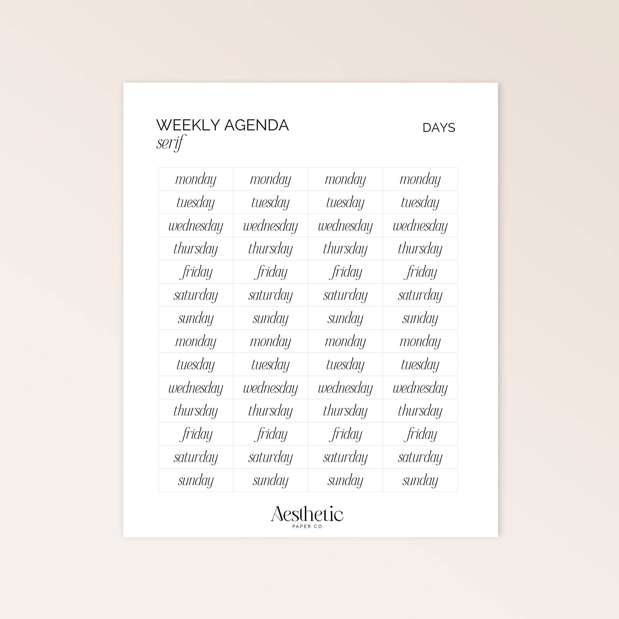 WEEKLY AGENDA | DAYS